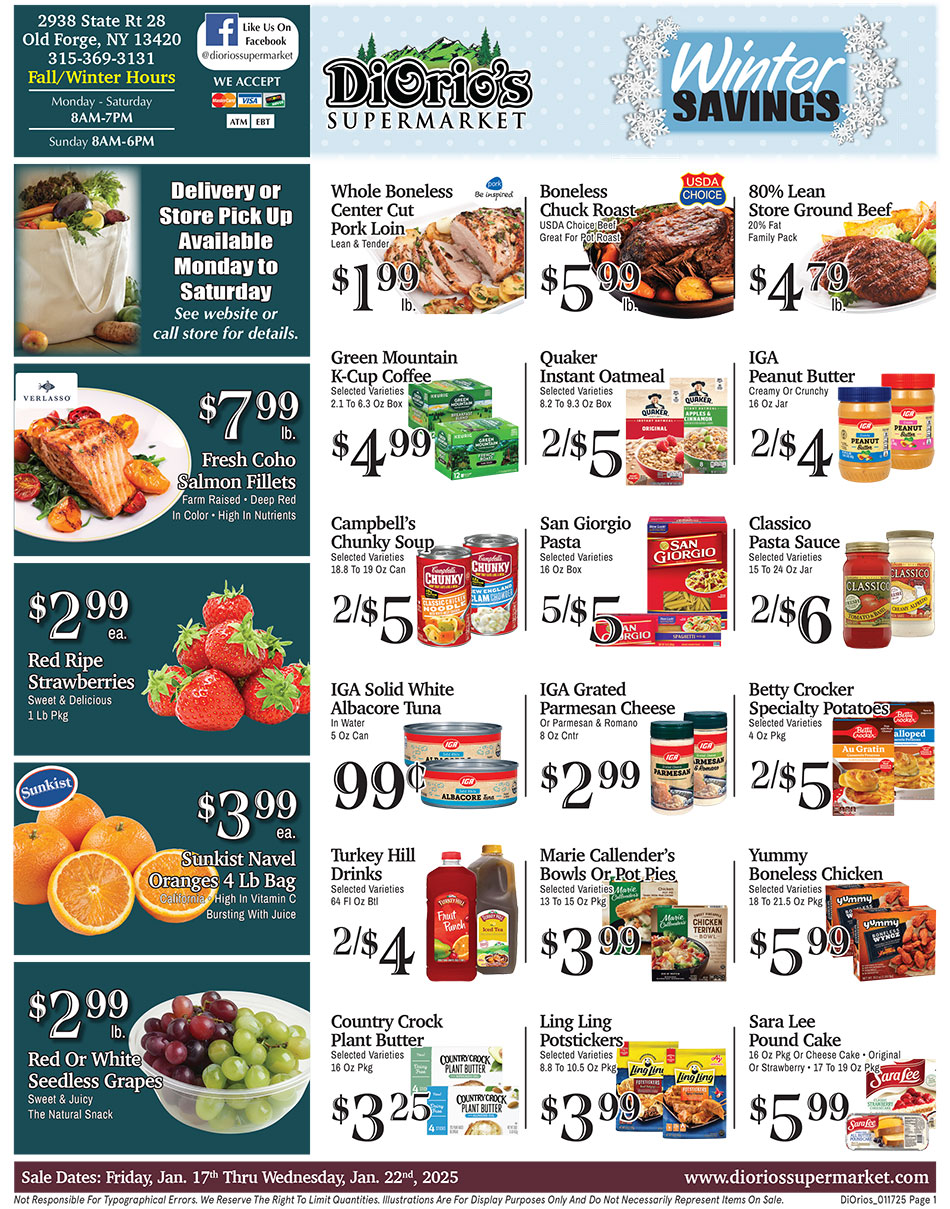 Weekly ad page 1. Call 315-369-3131 with questions