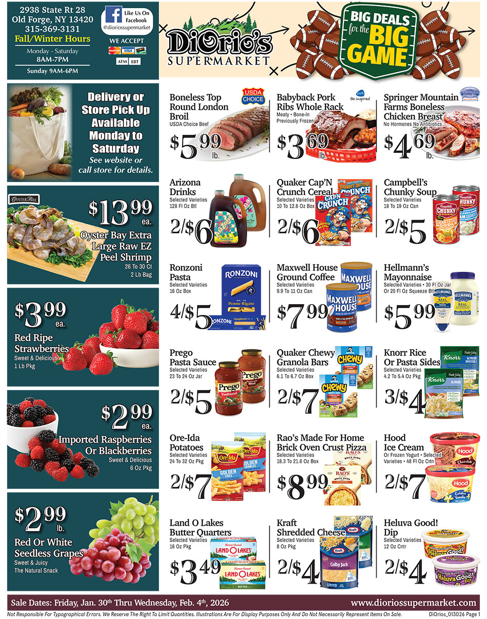 Weekly ad page 1. Call 315-369-3131 with questions