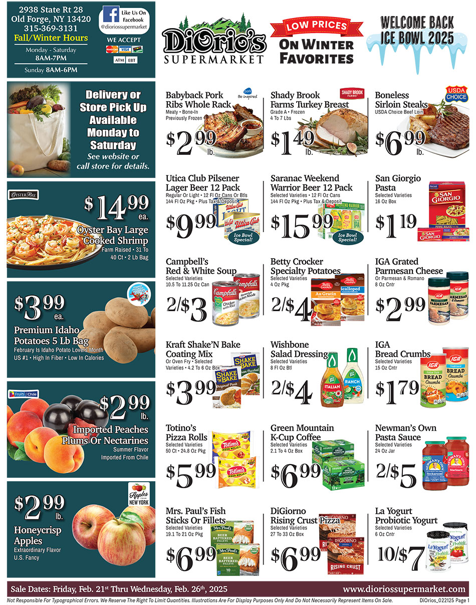 Weekly ad page 1. Call 315-369-3131 with questions