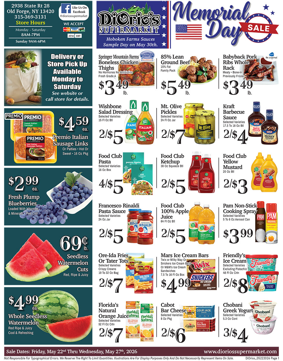 Weekly ad page 1. Call 315-369-3131 with questions
