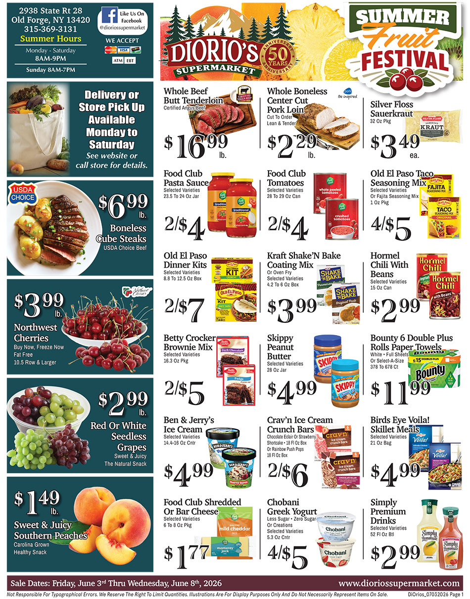 Weekly ad page 1. Call 315-369-3131 with questions