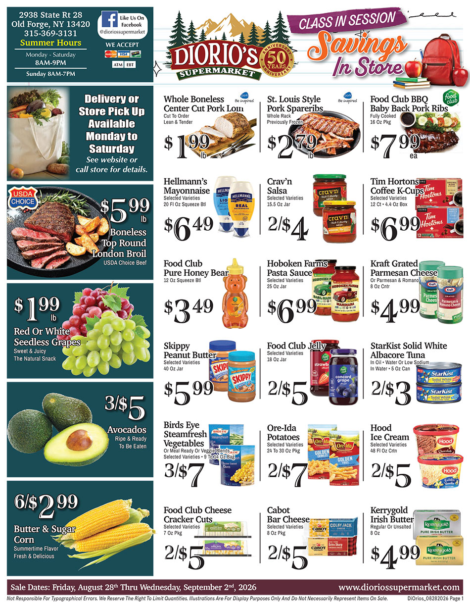 Weekly ad page 1. Call 315-369-3131 with questions