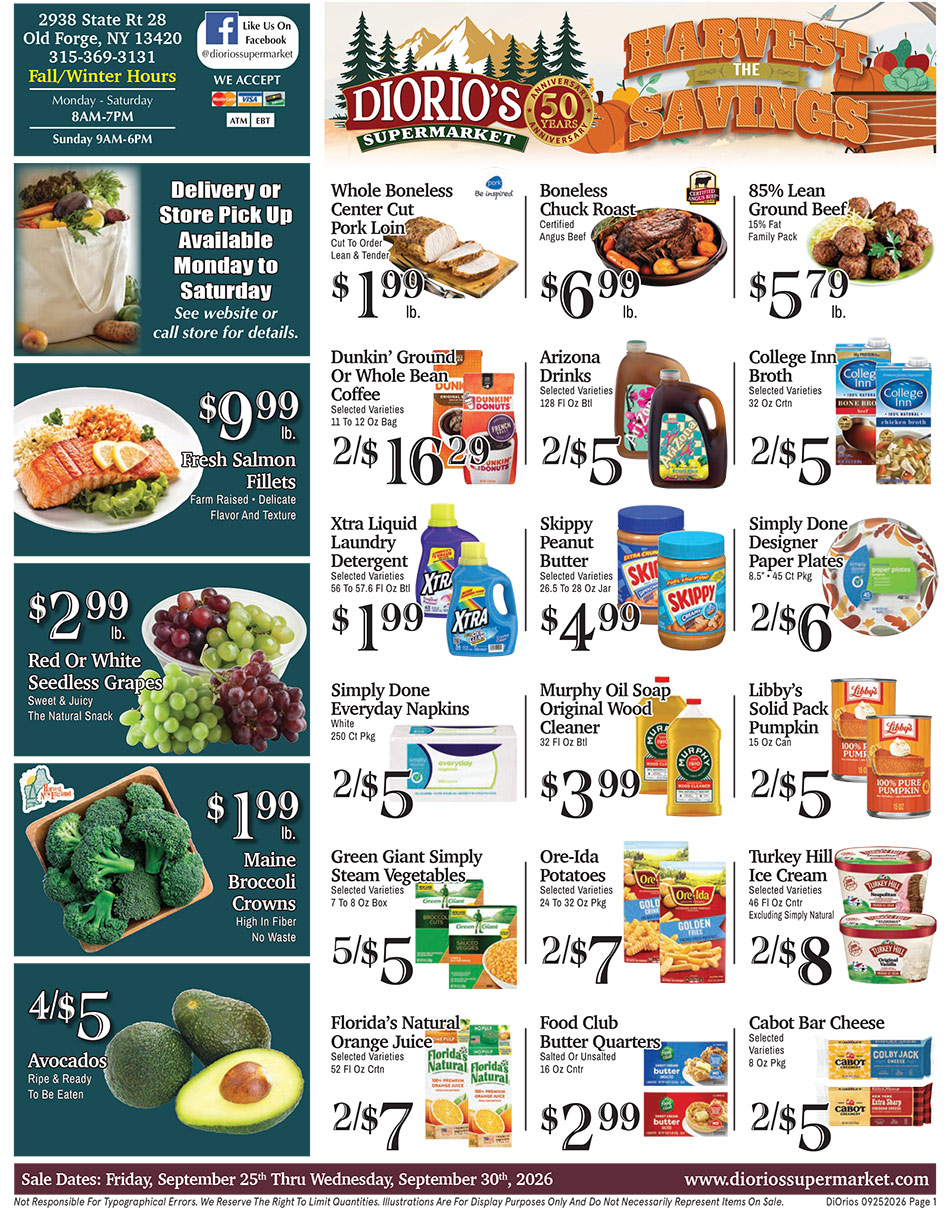Weekly ad page 1. Call 315-369-3131 with questions
