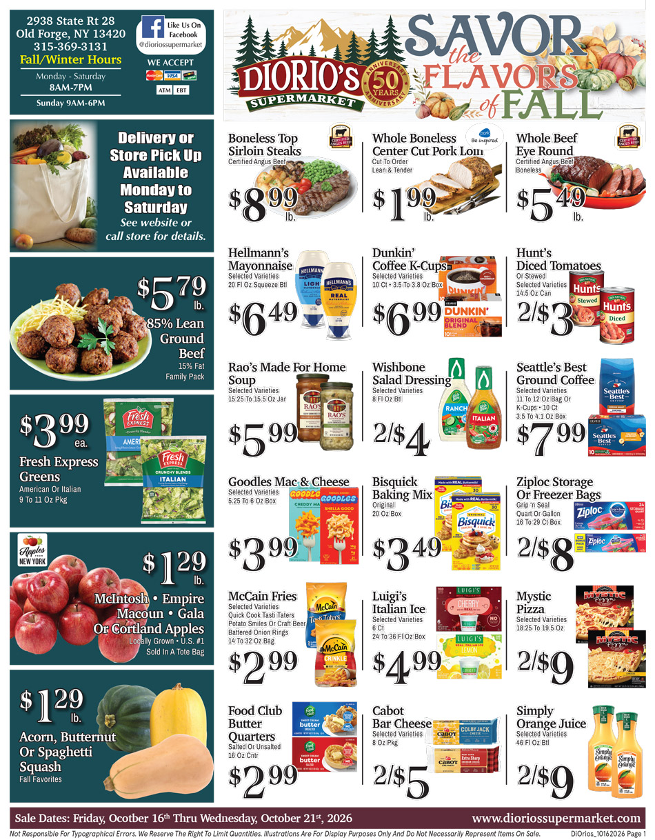 Weekly ad page 1. Call 315-369-3131 with questions