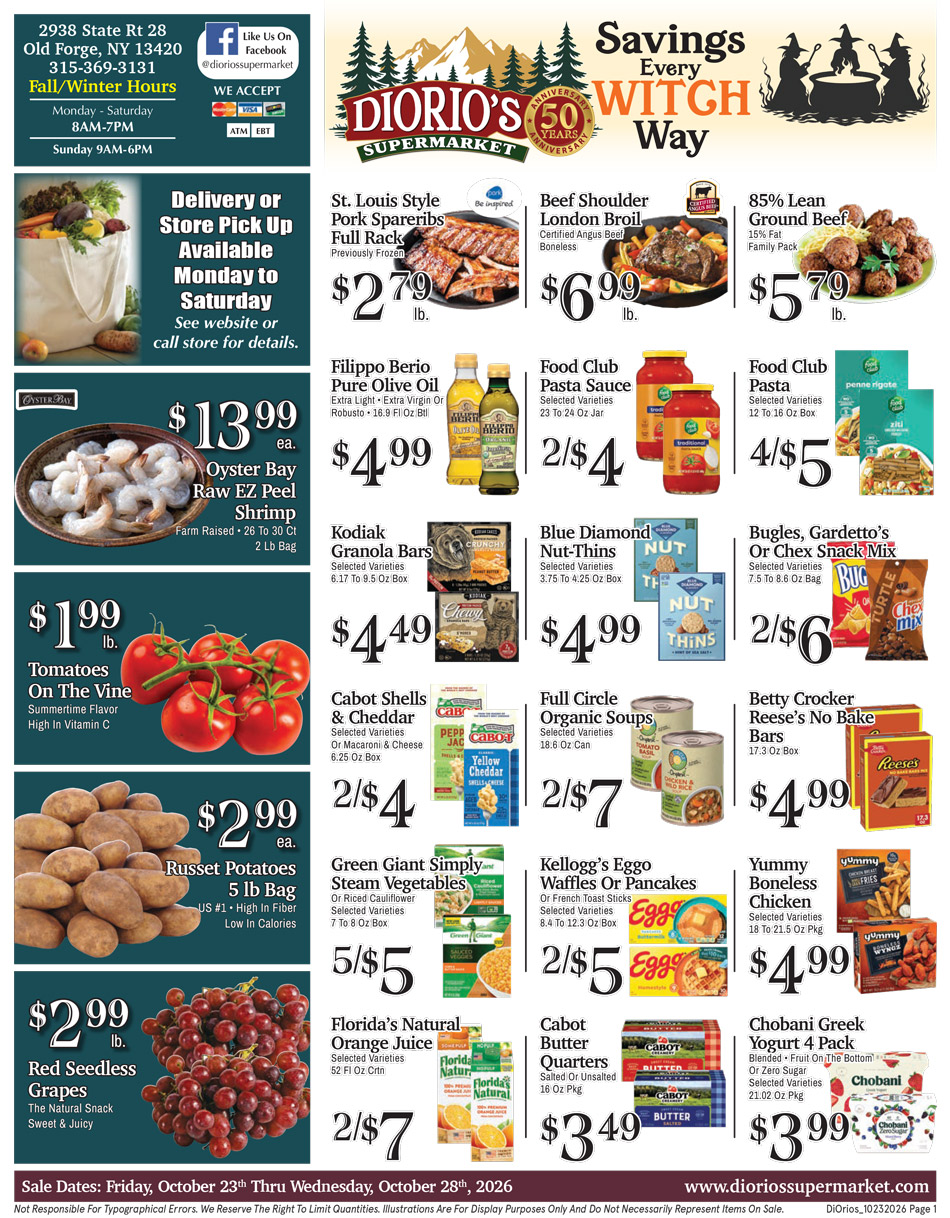 Weekly ad page 1. Call 315-369-3131 with questions