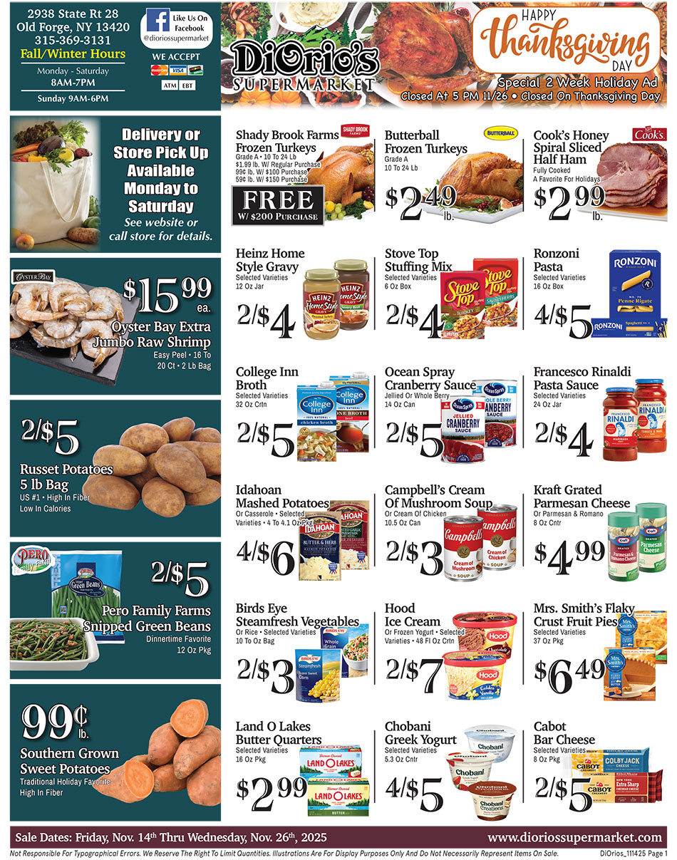 Weekly ad page 1. Call 315-369-3131 with questions